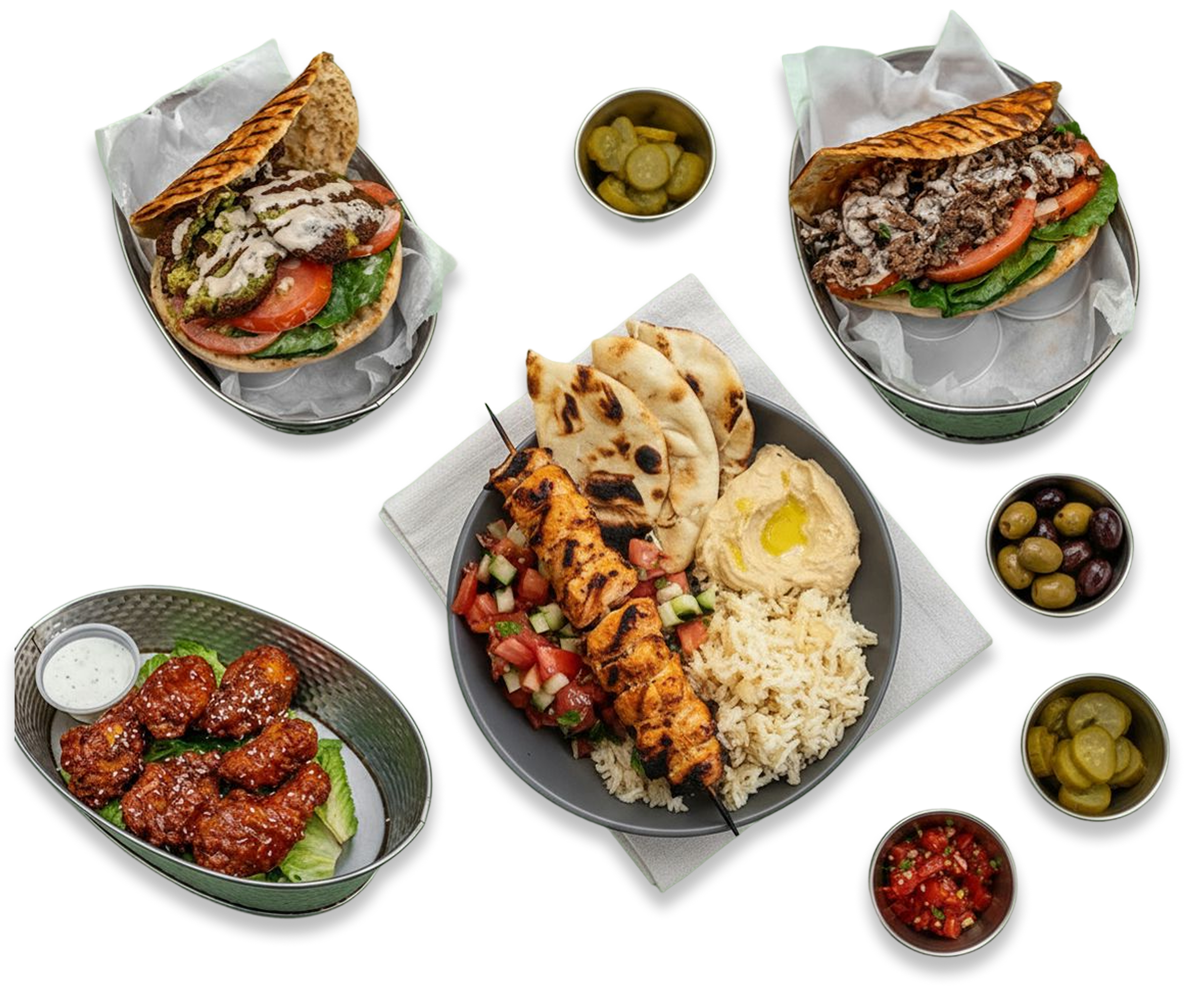 Authentic Lebanese food spread with beef shawarma, chicken tawook, and hummus at Semkeh NYC (Bushwick and Lower East Side).